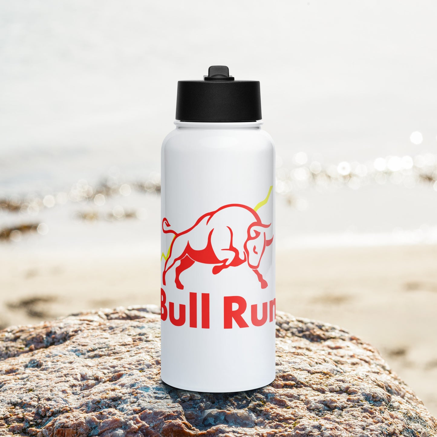 Edelstahl Bull Run Trinkflasche mit Strohhalm